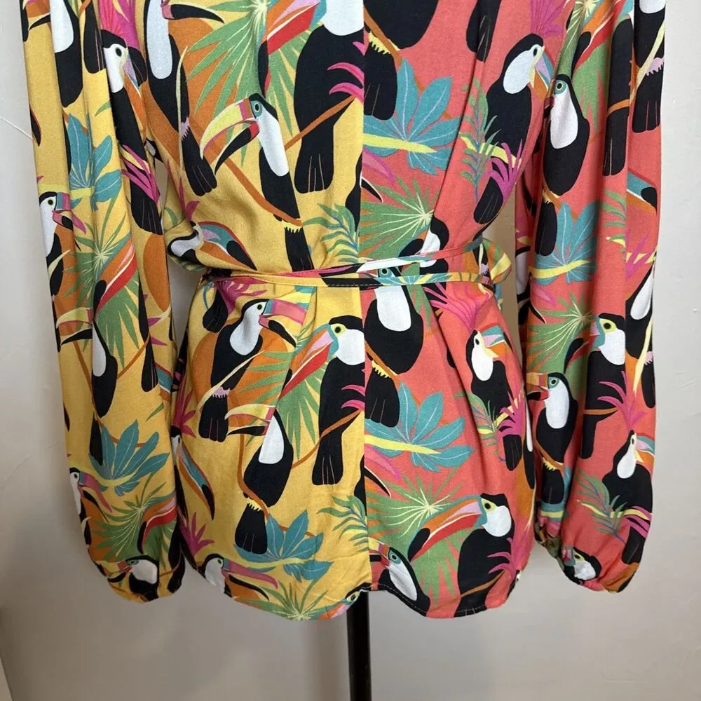Farm Rio for Anthropologie Rainforest Toucan Wrap Blouse Size XS Beaded Tassel